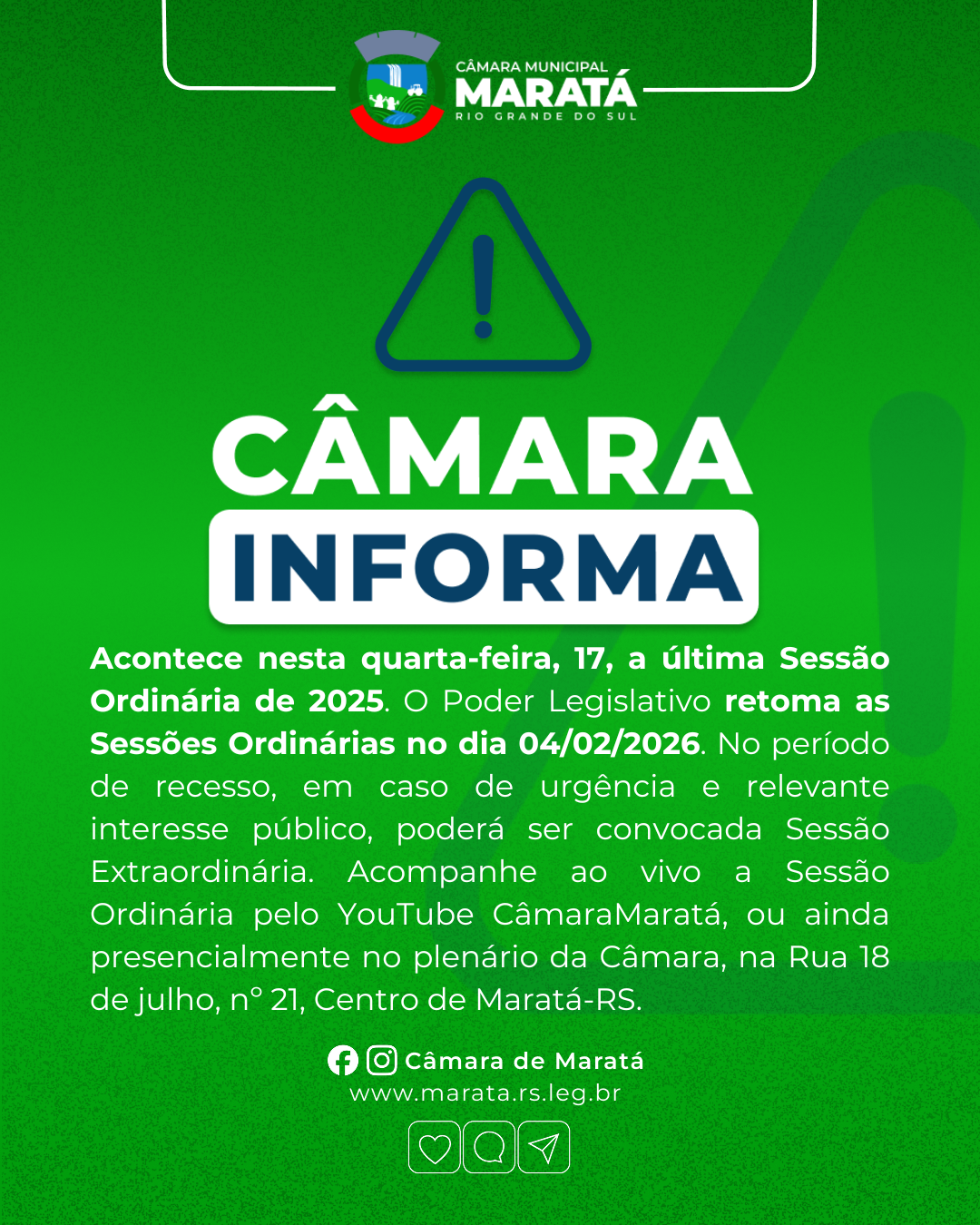 📢 Última Sessão Ordinária de 2025 terá apreciação e votação de projetos e eleição da Mesa Diretora 2026 - 17/12/2025